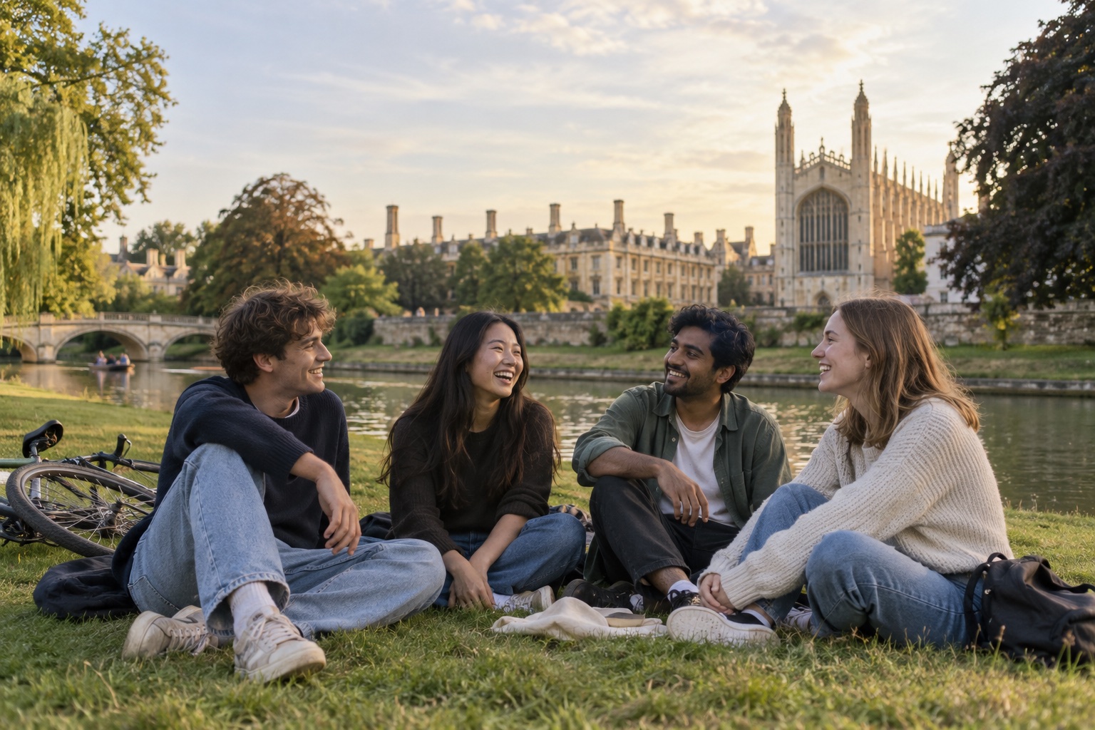 An illustrative scene of four friends spending an evening beside the river in Cambridge
