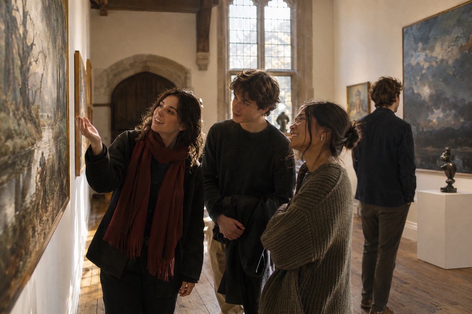Illustrative scene of friends discovering an art gallery together